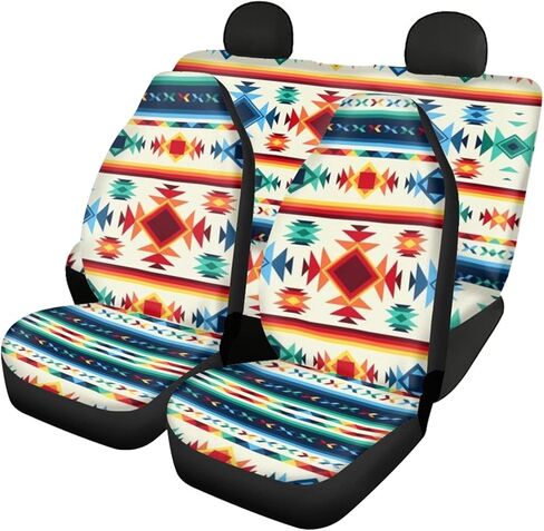 Bulopur Aztec Tribal Auto Accessories ديكور داخلي 4 قطع، أغطية مقاعد أمامية للسيارات نافاجو العرقية الملونة مع غطاء مقعد سيارة خلفي متطابق in Kuwait