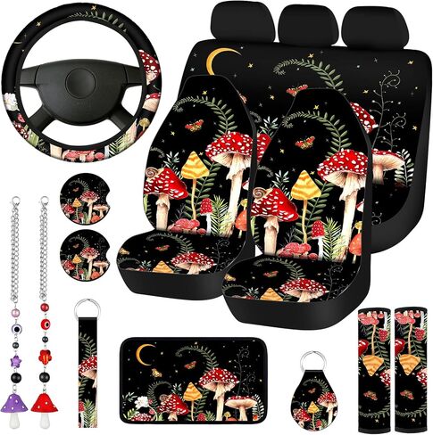 17 Pcs Mushroom Car Seat Covers Mushroom Car Accessories Full Set for Women Men Automotive Rear Front Seat Protector View Mirror Hanging Ornament Steering Wheel Belt Cover (Cool Mushroom) in Kuwait