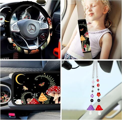 17 Pcs Mushroom Car Seat Covers Mushroom Car Accessories Full Set for Women Men Automotive Rear Front Seat Protector View Mirror Hanging Ornament Steering Wheel Belt Cover (Cool Mushroom) in Kuwait