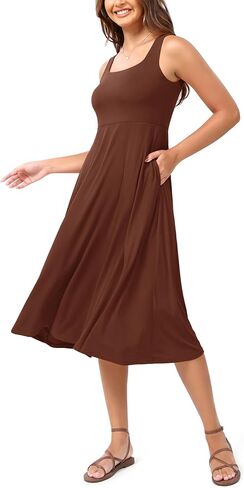 ODODOS Square Neck Midi Dress with Pockets for Women Summer Casual Sleeveless Sundress Flare Tank Dress in Kuwait