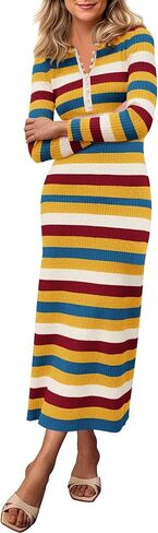 PRETTYGARDEN Women's Striped Spring Midi Sweater Dress Fall Long Sleeve Button Up V Neck Knit Bodycon Vacation Party Dresses in Saudi Arabia
