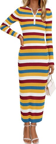 PRETTYGARDEN Women's Striped Spring Midi Sweater Dress Fall Long Sleeve Button Up V Neck Knit Bodycon Vacation Party Dresses in Saudi Arabia