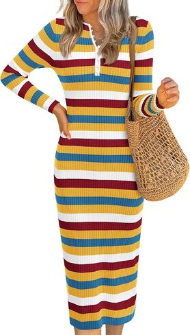 PRETTYGARDEN Women's Striped Spring Midi Sweater Dress Fall Long Sleeve Button Up V Neck Knit Bodycon Vacation Party Dresses in Saudi Arabia