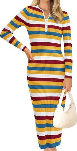 PRETTYGARDEN Women's Striped Spring Midi Sweater Dress Fall Long Sleeve Button Up V Neck Knit Bodycon Vacation Party Dresses in Saudi Arabia