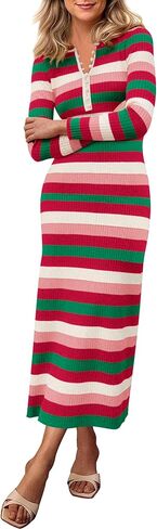 PRETTYGARDEN Women's Striped Spring Midi Sweater Dress Fall Long Sleeve Button Up V Neck Knit Bodycon Vacation Party Dresses in Saudi Arabia