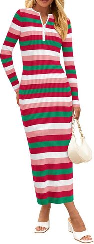 PRETTYGARDEN Women's Striped Spring Midi Sweater Dress Fall Long Sleeve Button Up V Neck Knit Bodycon Vacation Party Dresses in Saudi Arabia