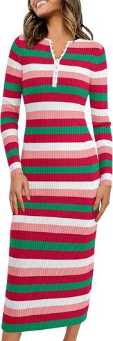 PRETTYGARDEN Women's Striped Spring Midi Sweater Dress Fall Long Sleeve Button Up V Neck Knit Bodycon Vacation Party Dresses in Saudi Arabia
