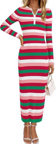 PRETTYGARDEN Women's Striped Spring Midi Sweater Dress Fall Long Sleeve Button Up V Neck Knit Bodycon Vacation Party Dresses in Saudi Arabia