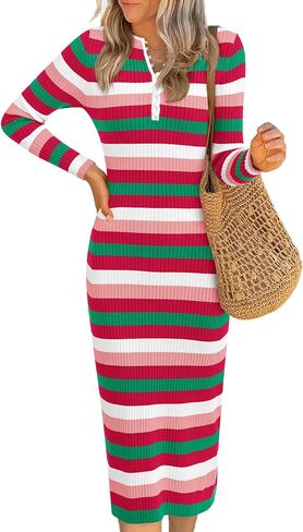 PRETTYGARDEN Women's Striped Spring Midi Sweater Dress Fall Long Sleeve Button Up V Neck Knit Bodycon Vacation Party Dresses in Saudi Arabia