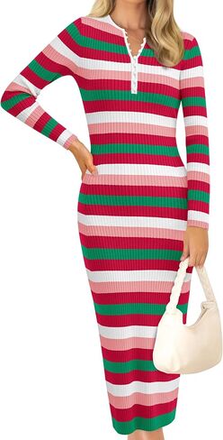 PRETTYGARDEN Women's Striped Spring Midi Sweater Dress Fall Long Sleeve Button Up V Neck Knit Bodycon Vacation Party Dresses in Saudi Arabia