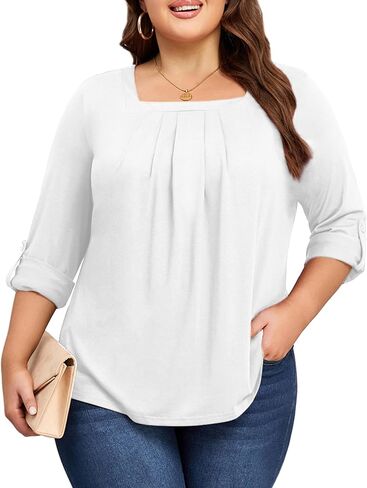 بلايز مقاسات كبيرة للنساء 3/4 كم رقبة مربعة تونك كاجوال فضفاض مناسب للقمصان بلوزة L-4XL in Kuwait