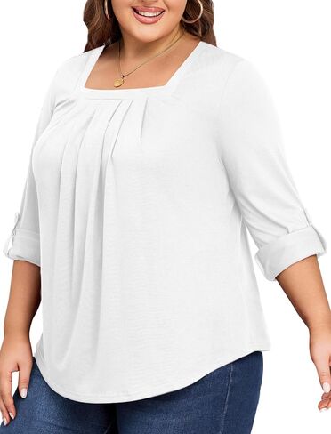 بلايز مقاسات كبيرة للنساء 3/4 كم رقبة مربعة تونك كاجوال فضفاض مناسب للقمصان بلوزة L-4XL in Kuwait