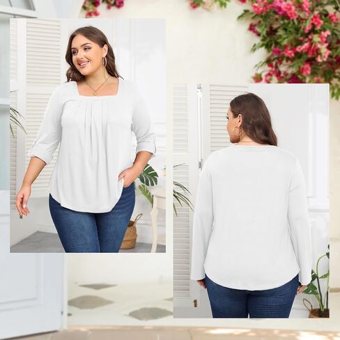 بلايز مقاسات كبيرة للنساء 3/4 كم رقبة مربعة تونك كاجوال فضفاض مناسب للقمصان بلوزة L-4XL in Kuwait