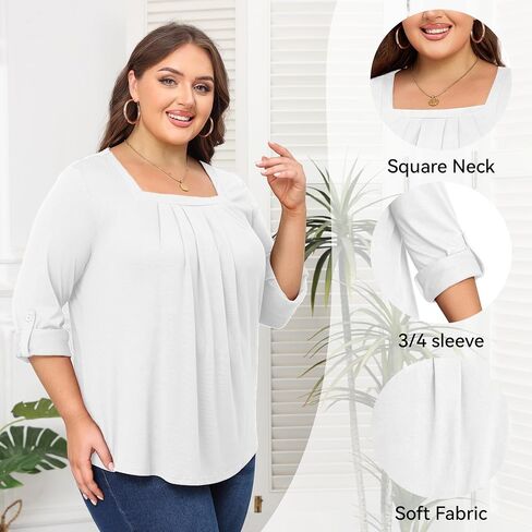 بلايز مقاسات كبيرة للنساء 3/4 كم رقبة مربعة تونك كاجوال فضفاض مناسب للقمصان بلوزة L-4XL in Kuwait