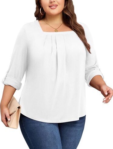 بلايز مقاسات كبيرة للنساء 3/4 كم رقبة مربعة تونك كاجوال فضفاض مناسب للقمصان بلوزة L-4XL in Kuwait