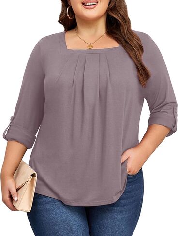 بلايز مقاسات كبيرة للنساء 3/4 كم رقبة مربعة تونك كاجوال فضفاض مناسب للقمصان بلوزة L-4XL in Kuwait