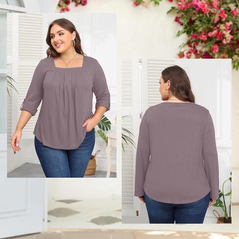 بلايز مقاسات كبيرة للنساء 3/4 كم رقبة مربعة تونك كاجوال فضفاض مناسب للقمصان بلوزة L-4XL in Kuwait