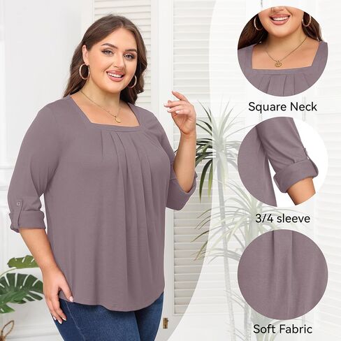 بلايز مقاسات كبيرة للنساء 3/4 كم رقبة مربعة تونك كاجوال فضفاض مناسب للقمصان بلوزة L-4XL in Kuwait