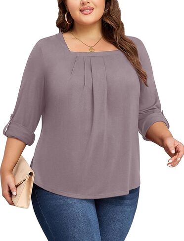 بلايز مقاسات كبيرة للنساء 3/4 كم رقبة مربعة تونك كاجوال فضفاض مناسب للقمصان بلوزة L-4XL in Kuwait