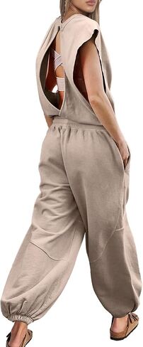 Oversized Wide leg Jumpsuit with Pockets One piece Outfits Open Back Overall Elastic Waist Workout Onesie Romper in Saudi Arabia