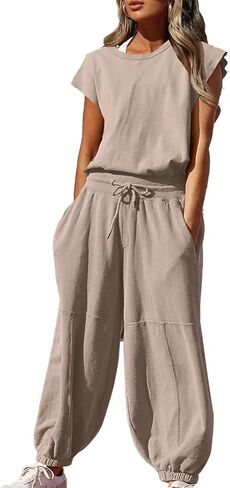 Oversized Wide leg Jumpsuit with Pockets One piece Outfits Open Back Overall Elastic Waist Workout Onesie Romper in Saudi Arabia