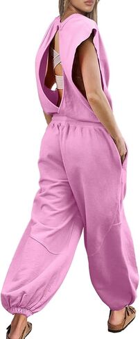 Oversized Wide leg Jumpsuit with Pockets One piece Outfits Open Back Overall Elastic Waist Workout Onesie Romper in Saudi Arabia