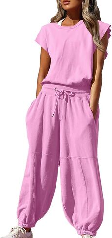 Oversized Wide leg Jumpsuit with Pockets One piece Outfits Open Back Overall Elastic Waist Workout Onesie Romper in Saudi Arabia