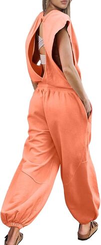 Oversized Wide leg Jumpsuit with Pockets One piece Outfits Open Back Overall Elastic Waist Workout Onesie Romper in Saudi Arabia