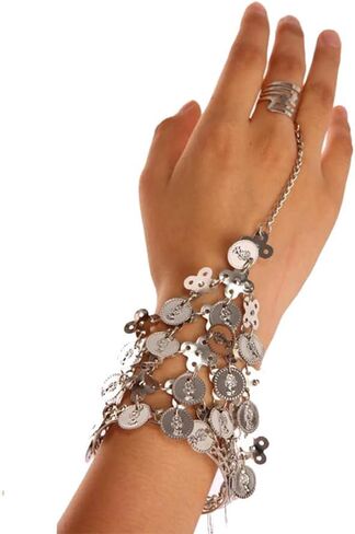 YERTTER Boho Belly Coins Bracelet Dance Gypsy Egyptian Bracelet with Finger Ring Halloween Costume for Women in Saudi Arabia