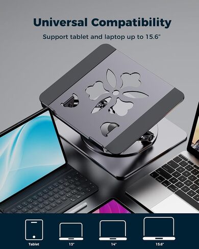 Adjustable Laptop Stand for Desk with 360° Rotating Base - Aluminum Ergonomic Laptop Riser Holder, Portable Computer Stand Fits for MacBook Pro/Air Dell HP Lenovo Notebook up to 15.6" (Black) in Saudi Arabia