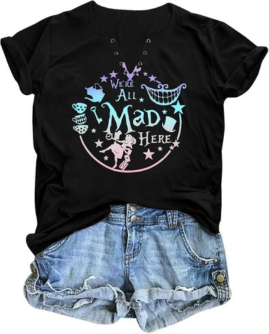ASTANFY We're All Mad Here Shirt Women Magical Graphic Tees Cute Vacation Tops Casual Short Sleeve Shirts in Saudi Arabia