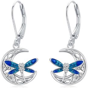 Dragonfly Leverback Earrings 925 Sterling Silver Celtic Moon Dangle Drop Earrings Irish Celtic Jewelry Gifts for Women Girls