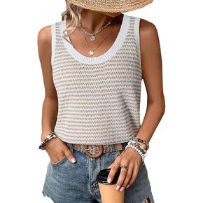 EVALESS Womens Tank Tops Summer Sleeveless Crewneck Ribbed Knit Striped Loose Fitted Blouses Basic Tees Cami Shirts