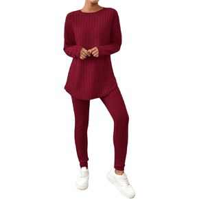 Floerns Women's Two Piece Outfit Tracksuit Rib Knit Long Sleeve T Shirt with Leggings Set
