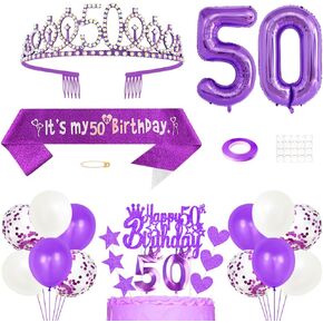 50th Birthday Decorations for Women, Birthday Princess Crown Queen Tiara, It's My 50th Birthday Sash, 50 Year old Birthday Cake Topper Number Candles Balloons Set for Birthday Party Supplies, Purple