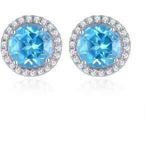 Stud Earrings for Women Hypoallergenic S925 Sterling Silver Natural Gemstone Swiss Blue Topaz Rhodolite Garnet Birthstone Screw Back Studs Fine Jewelry for Her