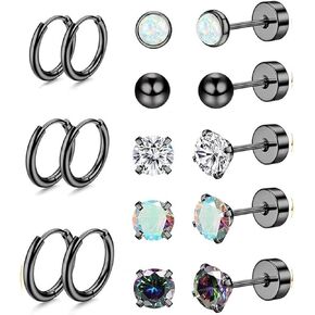 Stud Earrings for Men Women 8 Pack Set 18K White Gold Plated Small Huggie Hoop Earrings Set Cartilage Hoops Earrings Goth Punk Jewelry Birthday Gifts