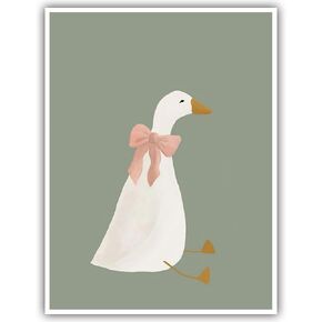 Cute Goose Posters Funny Silly Goose Wall Art Sage Green Nursery Decor Coquette Pink Bow Canvas Prints Farm Animal Aesthetic for Girl's Room Bedroom Dorm Bathroom Home Print 8x12in Unframed