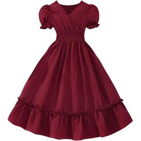 Floerns Girl's Puff Short Sleeve V Neck Birthday Midi Dress Ruffle Hem Flowy Dresses