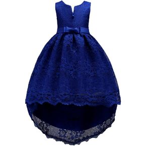 Formal Crystal Dresses Size 9 8 Vintage High Low Girl Clothing Summer Sleeveless V Neck Flower Girl Dress Appliques Elegant Pleated A Line Clothes Lace Prom Party Mesh (LSapphire, 140)