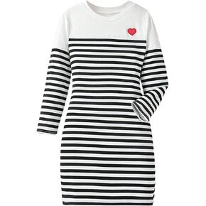 Floerns Girl's Striped Heart Embroidery Dress Crewneck Long Sleeve Straight T Shirts Dress