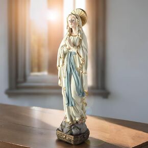 15" H Our Lady of Lourdes Statue - Praying Virgin Mary Statue Outdoor and Indoor, Resin Blessed Mother Figurine on a Stone Pedestal, Collection Religious Statues, Catholic Gifts for Mom, Grandmother