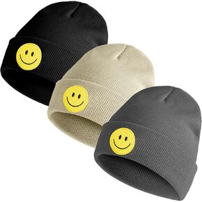 Foaincore 3 Pack Winter Embroidered Beanie Hats for Women Men Knit Cuffed Smile Face Beanie Stretchable Skull Cap