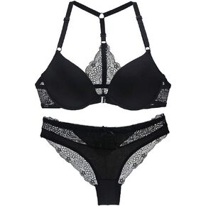Swbreety Women's Sexy Lace Front Closure Y-Strap Push Up Seamless Bra Panty Set