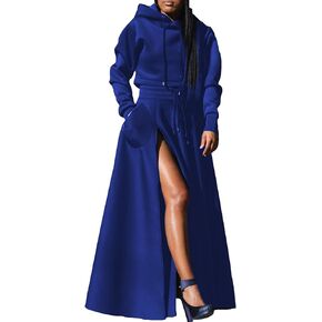 Women's Casual 2 Piece Outfits Long Sleeves Hoodies Sweatshirts and High Waist Split Skirt Sweatsuit Lounge Sets in Kuwait