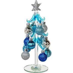 Red Co. 8" Small Glass Christmas Tree Tabletop Decoration with Colorful Removable Ornaments, Blue & Silver