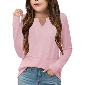 Floral Find Girls Casual V Neck Long Sleece Tops Loose Fit Tunic Fall T Shirts Blouse