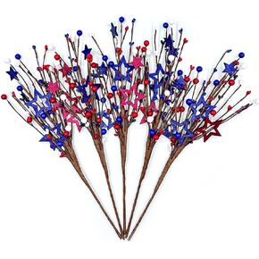 5 Pcs Patriotic Artificial Berry Stem, 17In White Blue Red Stars Shaped Berries Picks for 4th of July Independence Day, Memorial Day Faux Flowers Glitter Berry Branches for Wedding Home Decor…