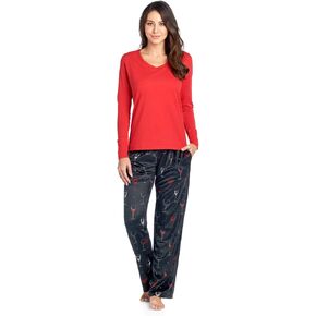 Ashford & Brooks Women's Jersey Knit Long-Sleeve Top and Mink Fleece Bottom Pajama Set