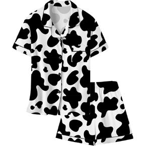Umeyda Women Pajamas Set Soft Button Down Sleepwear Short Sleeve Pjs Set Loungewear with Pockets, Cow Print, Medium